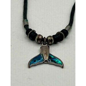 Handcrafted Whale Tail Necklace With Blue Inlay & Beaded Cord For Ocean Lovers